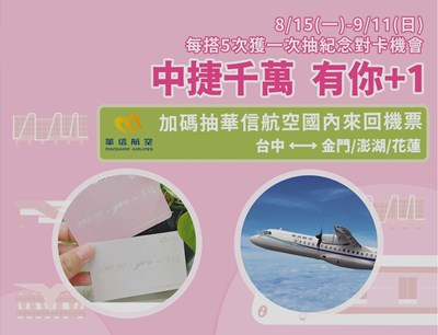 「中捷千萬,有你+1」活動除了抽限量紀念對卡,再加碼送華信航空國內來回機票